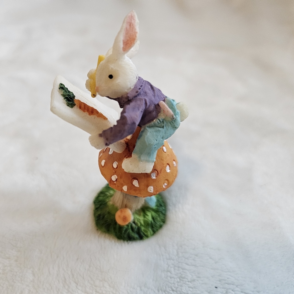 Mini Easter Bunny Figurine on Mushroom Spring Rabbit Decor